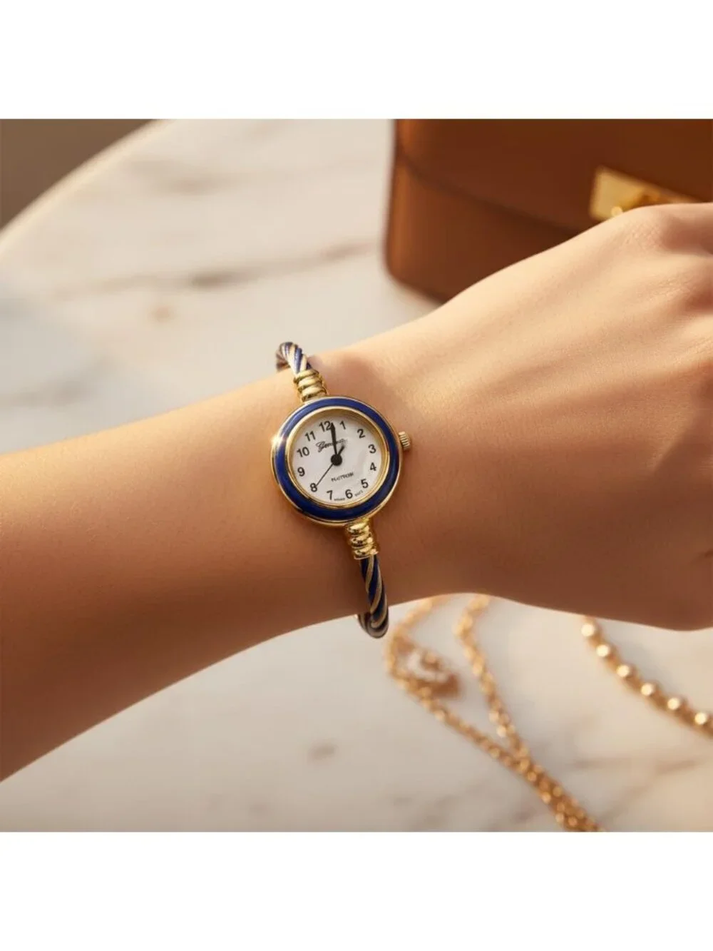 Women's Gold Blue Analog Quartz Elegant Cable Cuff Arabic Numbers Bracelet Watch